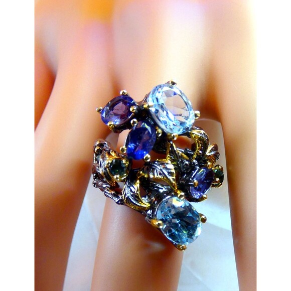 Stunning Blue Topaz- Iolite Sterling Silver Ring Botanical Vines Size 8 Cocktail - Picture 3 of 9